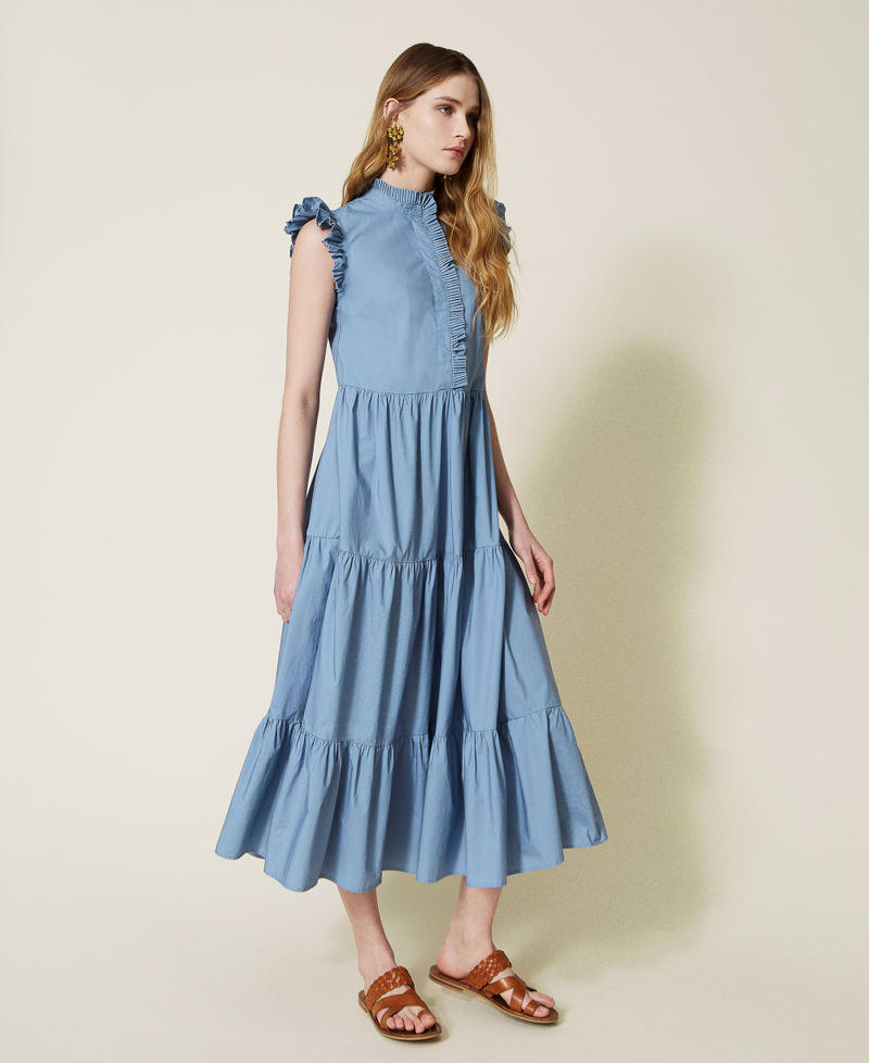 Длинное платье из поплина с плиссированными оборками Бездонный Голубой женщина 221TT2160-04