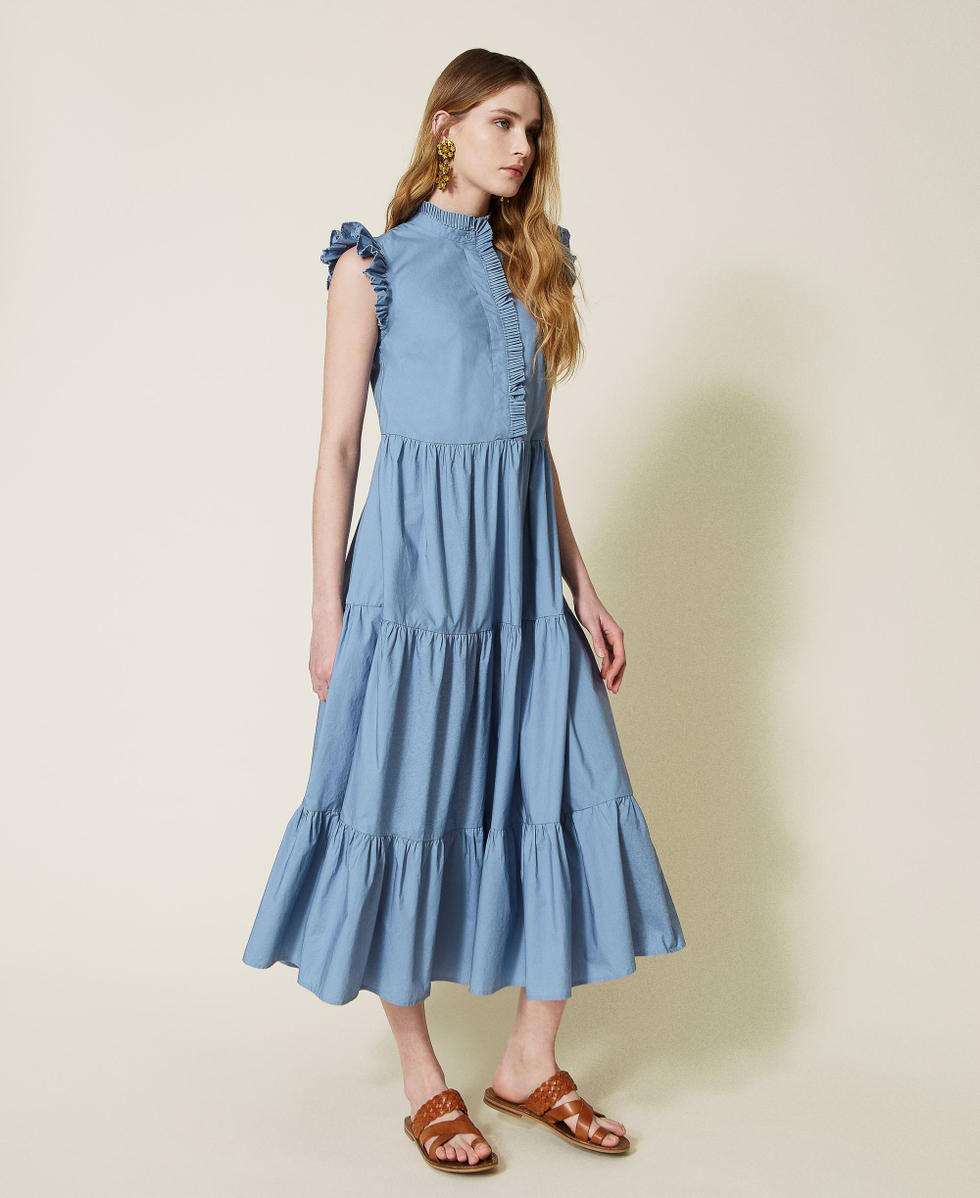 Long poplin dress with pleated flounces