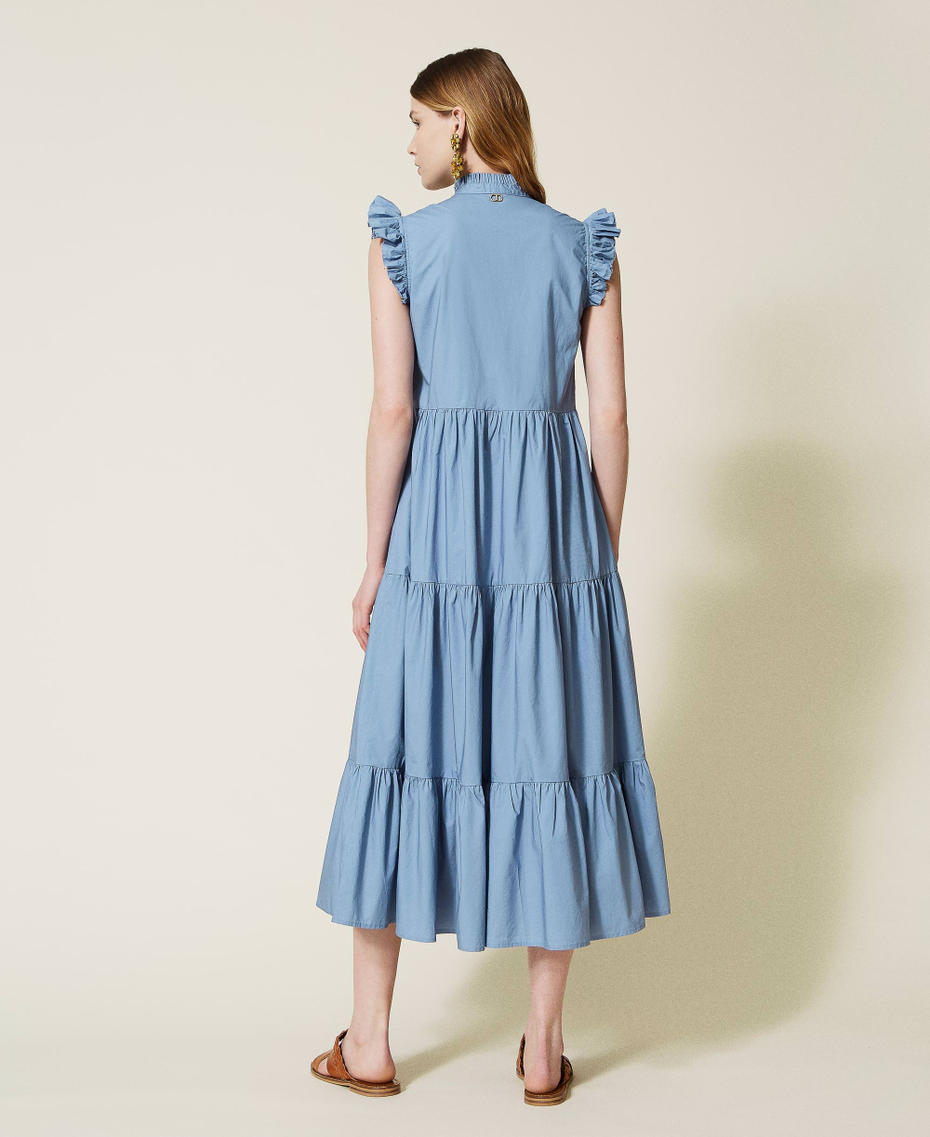 Long poplin dress with pleated flounces Infinite Light Blue Woman 221TT2160-05