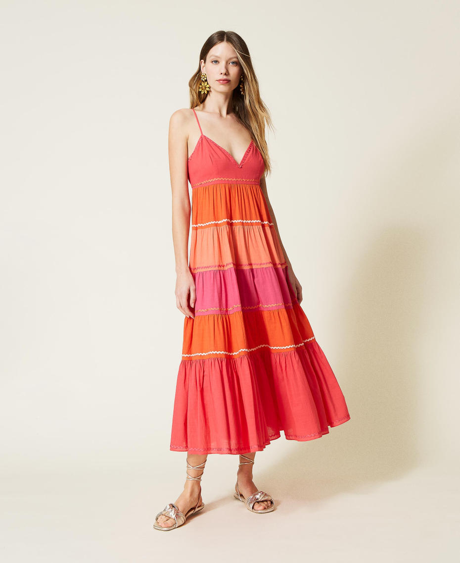 Long colour block flounced dress "Cherry Tomato" Orange / Shocking Pink Multicolour Woman 221TT2170-01
