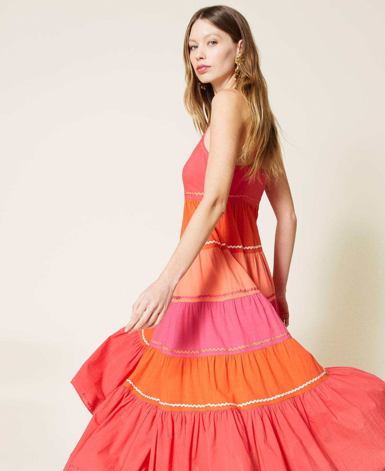 Long colour block flounced dress "Cherry Tomato" Orange / Shocking Pink Multicolour Woman 221TT2170-02