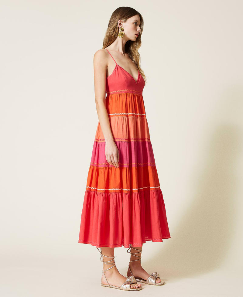 Long colour block flounced dress "Cherry Tomato" Orange / Shocking Pink Multicolour Woman 221TT2170-03