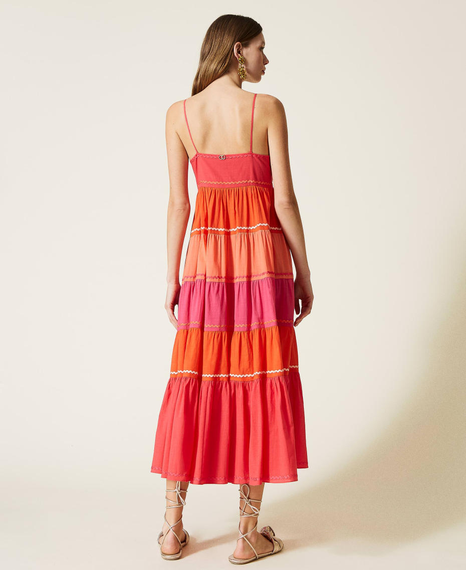Long colour block flounced dress "Cherry Tomato" Orange / Shocking Pink Multicolour Woman 221TT2170-04