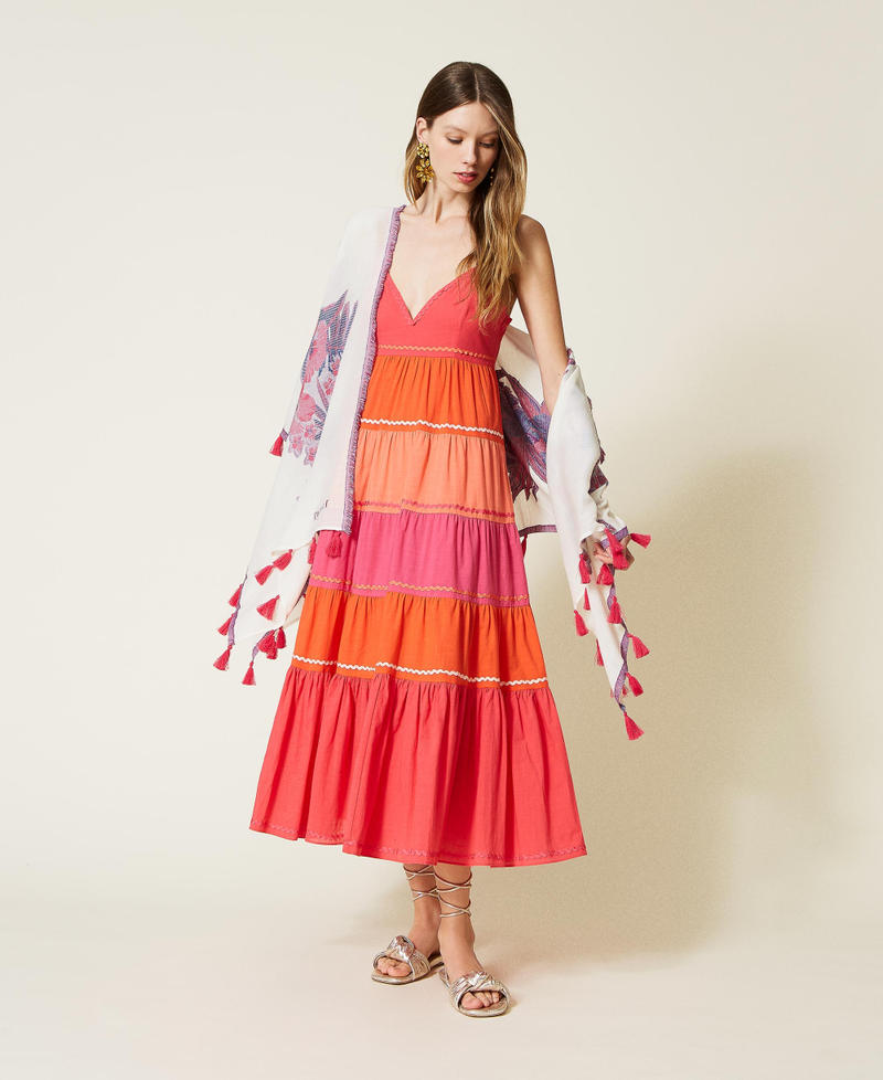 Long colour block flounced dress "Cherry Tomato" Orange / Shocking Pink Multicolour Woman 221TT2170-0T