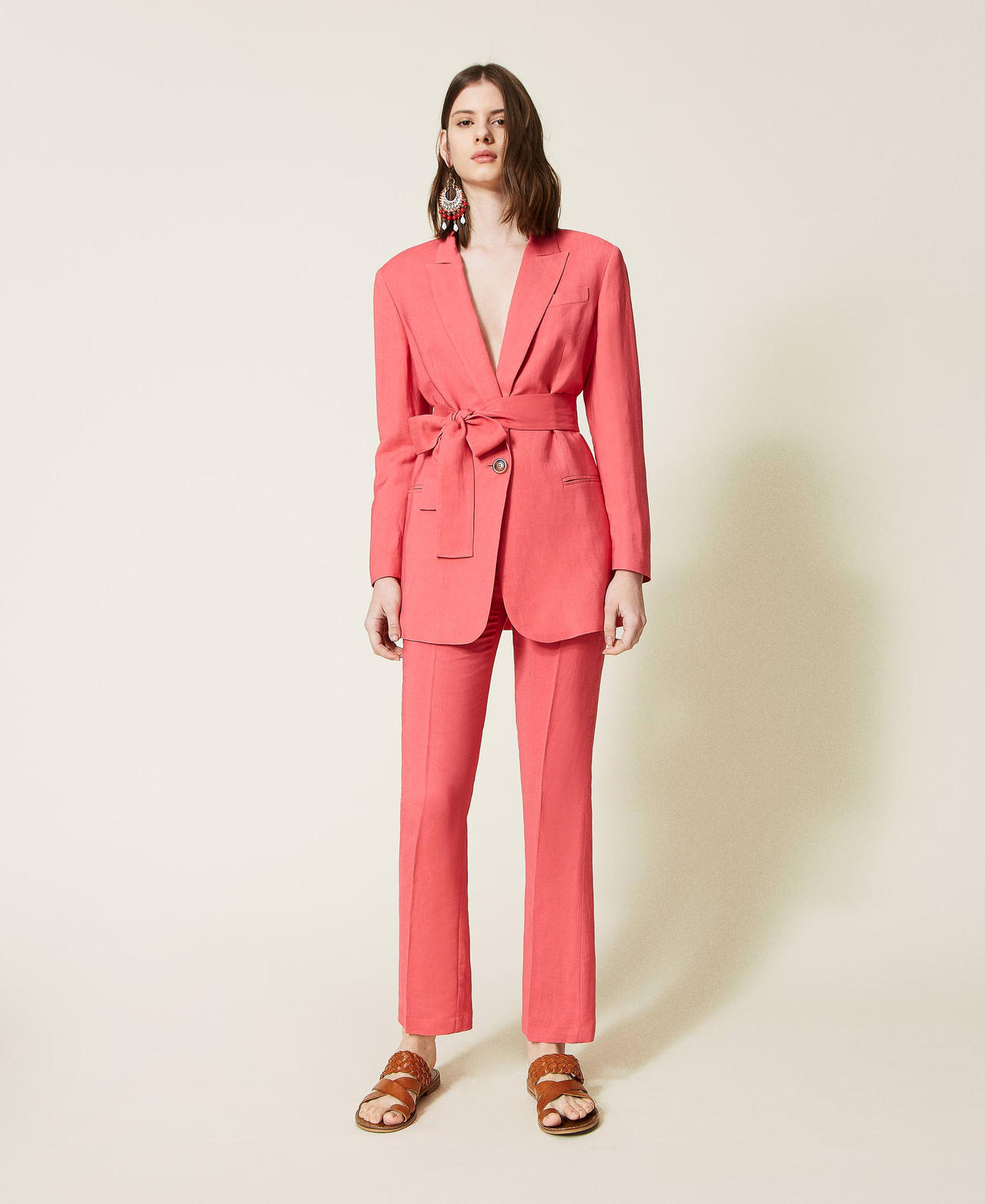 Pantaloni a sigaretta in twill di misto lino Rosso "Azalea Selvaggia" Donna 221TT2199-02