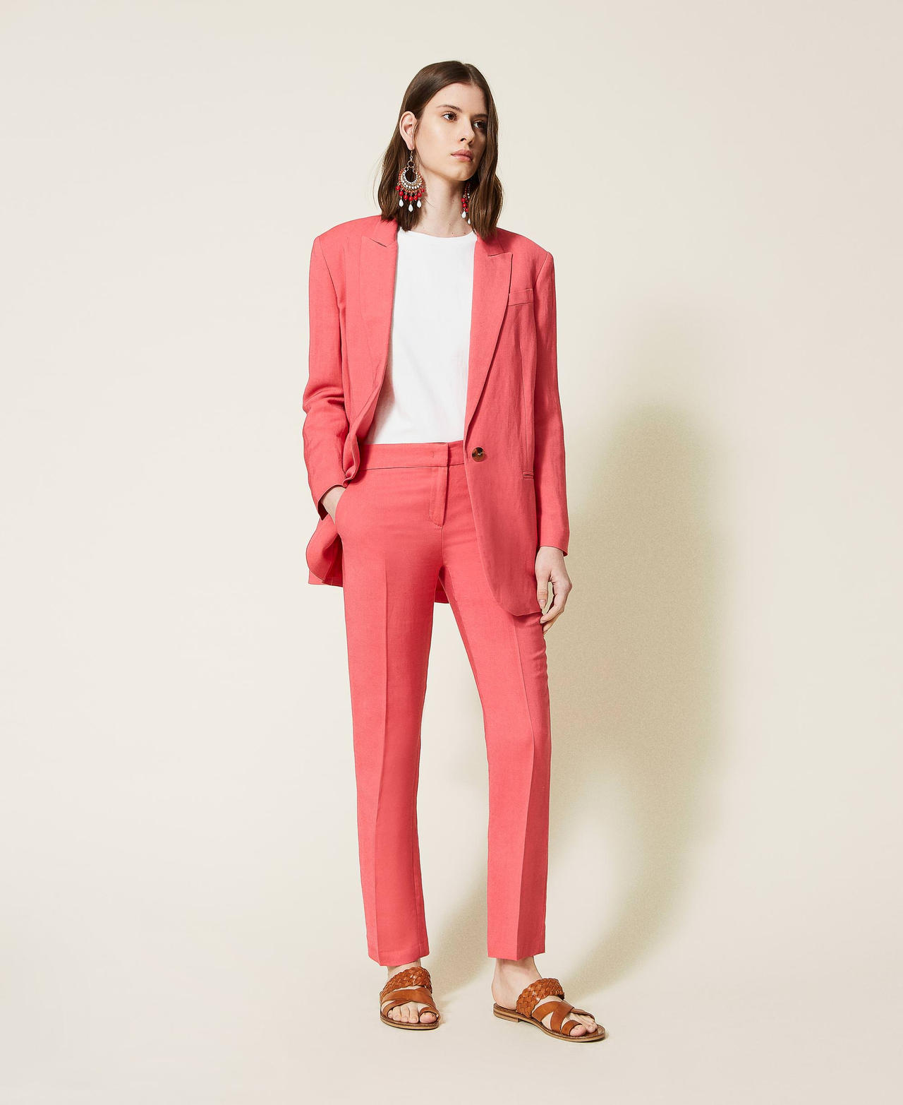 Pantalones pitillo de sarga de lino mixto Rojo «Azalea Salvaje» Mujer 221TT2199-03