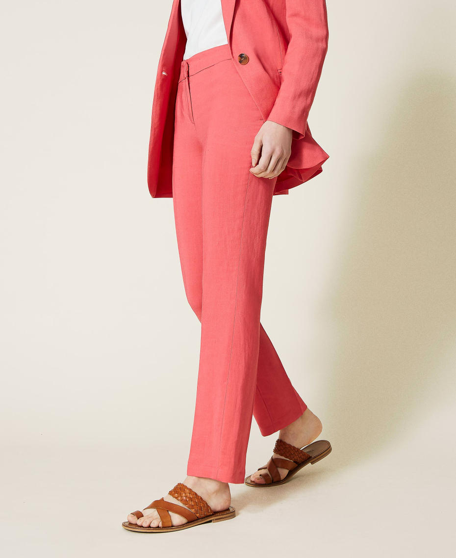 Pantaloni a sigaretta in twill di misto lino Rosso "Azalea Selvaggia" Donna 221TT2199-04