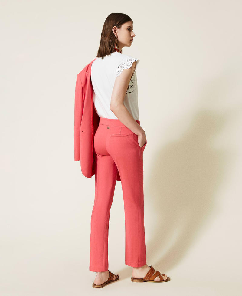 Pantalones pitillo de sarga de lino mixto Rojo «Azalea Salvaje» Mujer 221TT2199-05
