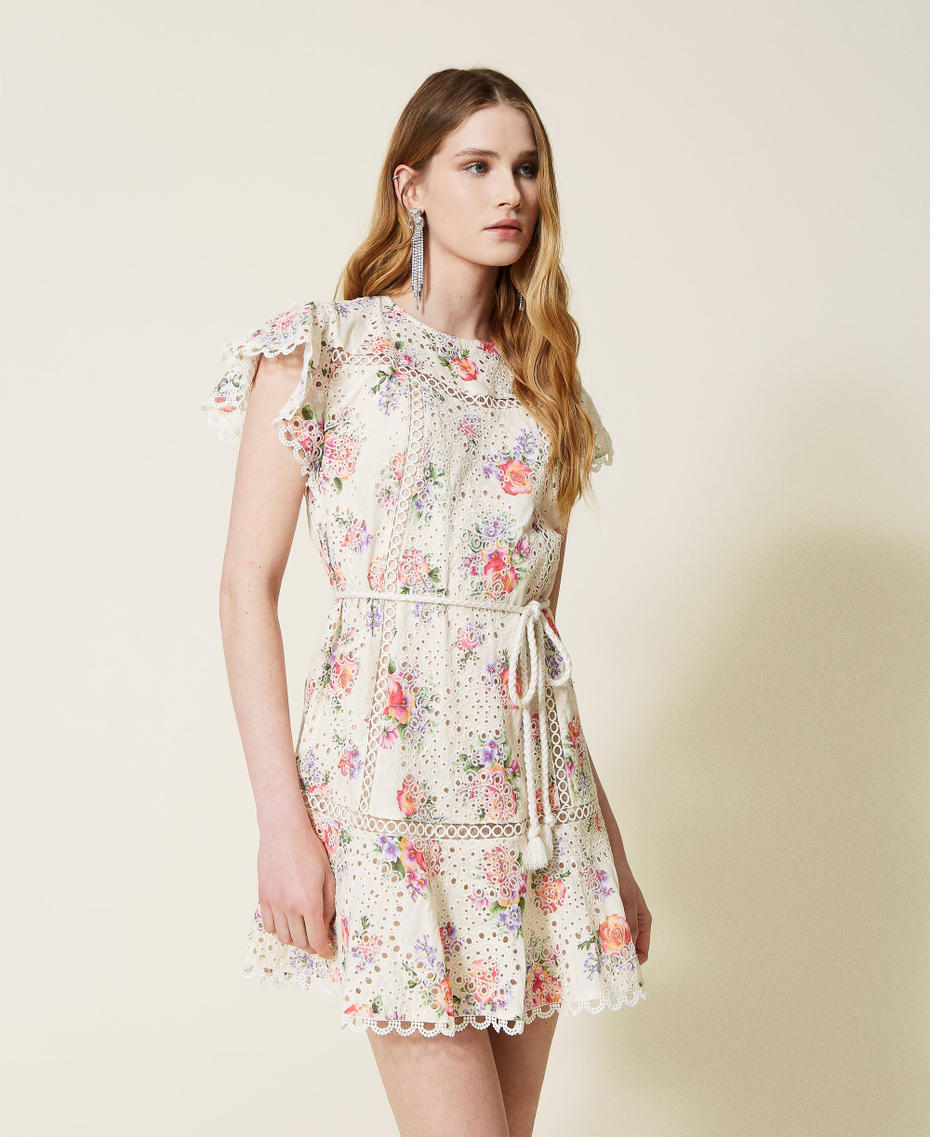 Short floral dress with broderie anglaise Embroidered Rose Print Woman 221TT2211-01