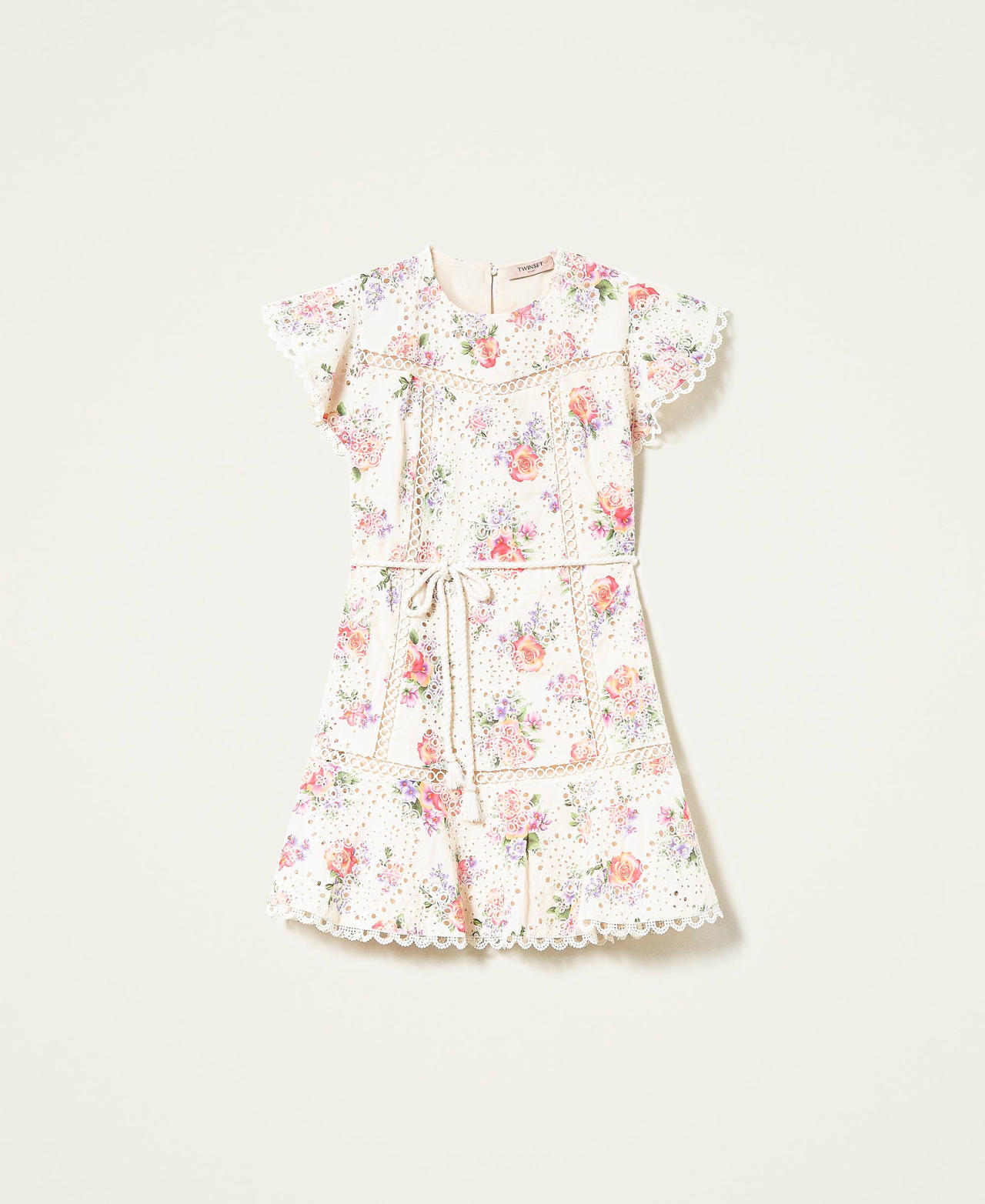 Short floral dress with broderie anglaise Embroidered Rose Print Woman 221TT2211-0S