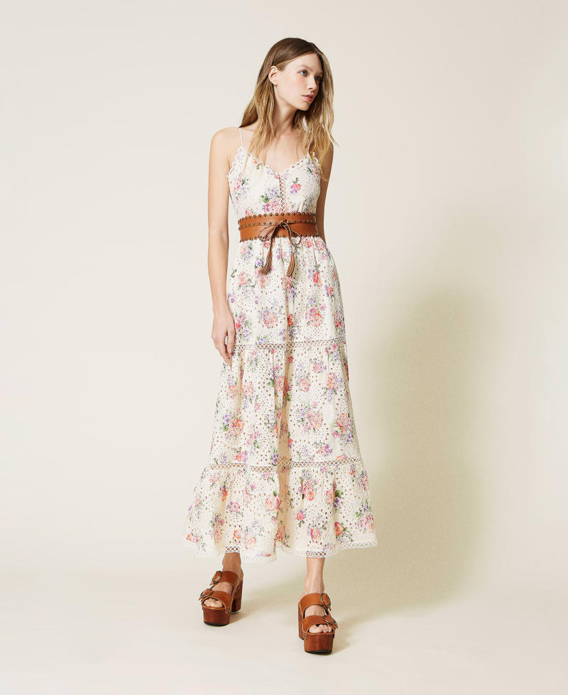 Long floral dress with broderie anglaise Embroidered Rose Print Woman 221TT2213-01