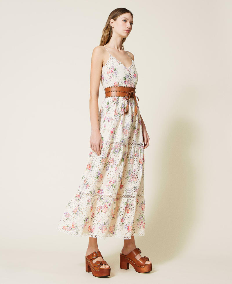 Long floral dress with broderie anglaise Embroidered Rose Print Woman 221TT2213-02