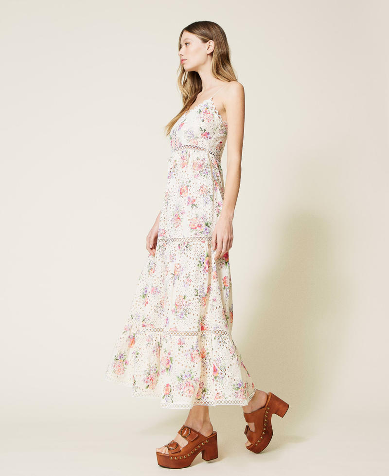 Long floral dress with broderie anglaise Embroidered Rose Print Woman 221TT2213-03