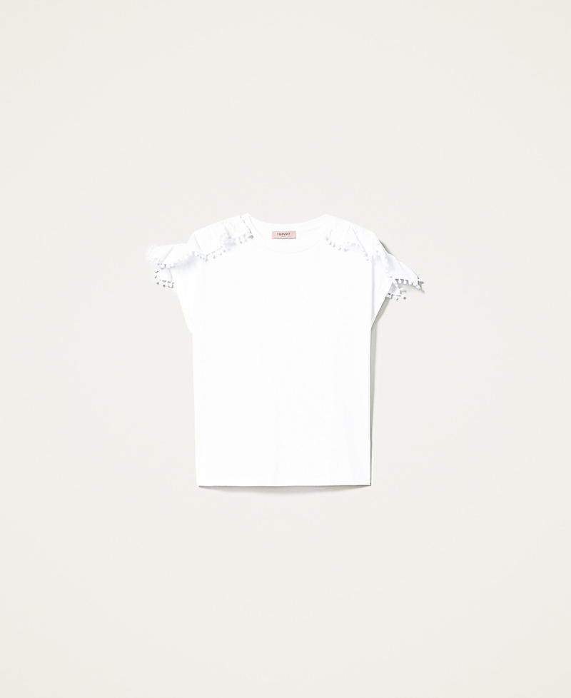 T-shirt con intarsi di macram&egrave; e pompon