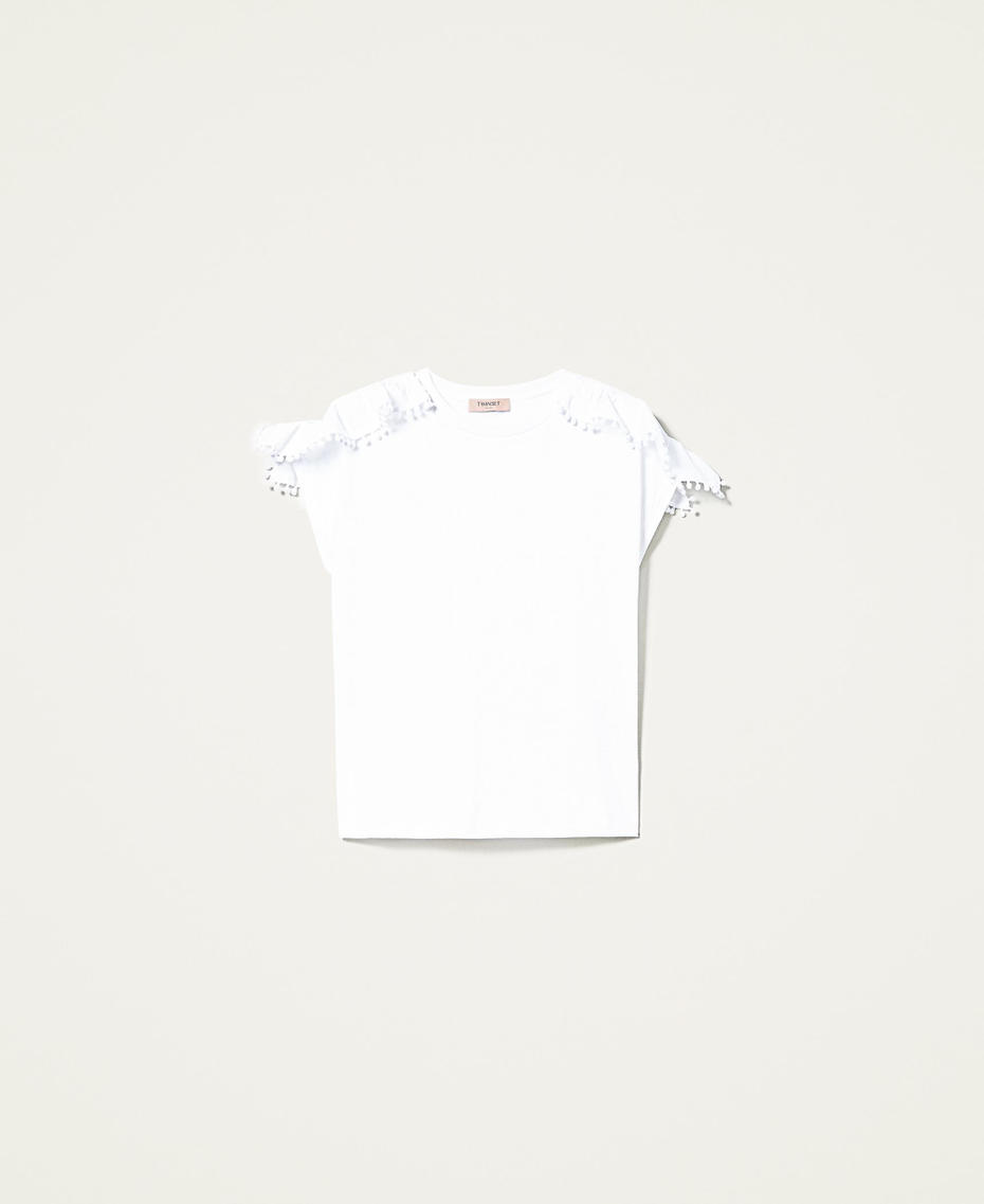 T-Shirt mit Makramee-Intarsien und Pompons Weiß Frau 221TT2230-0S