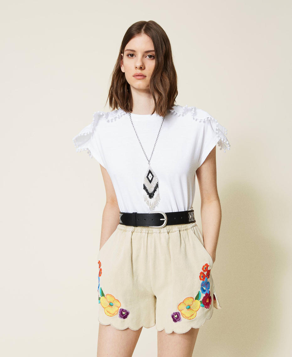 T-shirt with inlaid macramé and pompoms White Woman 221TT2230-0T