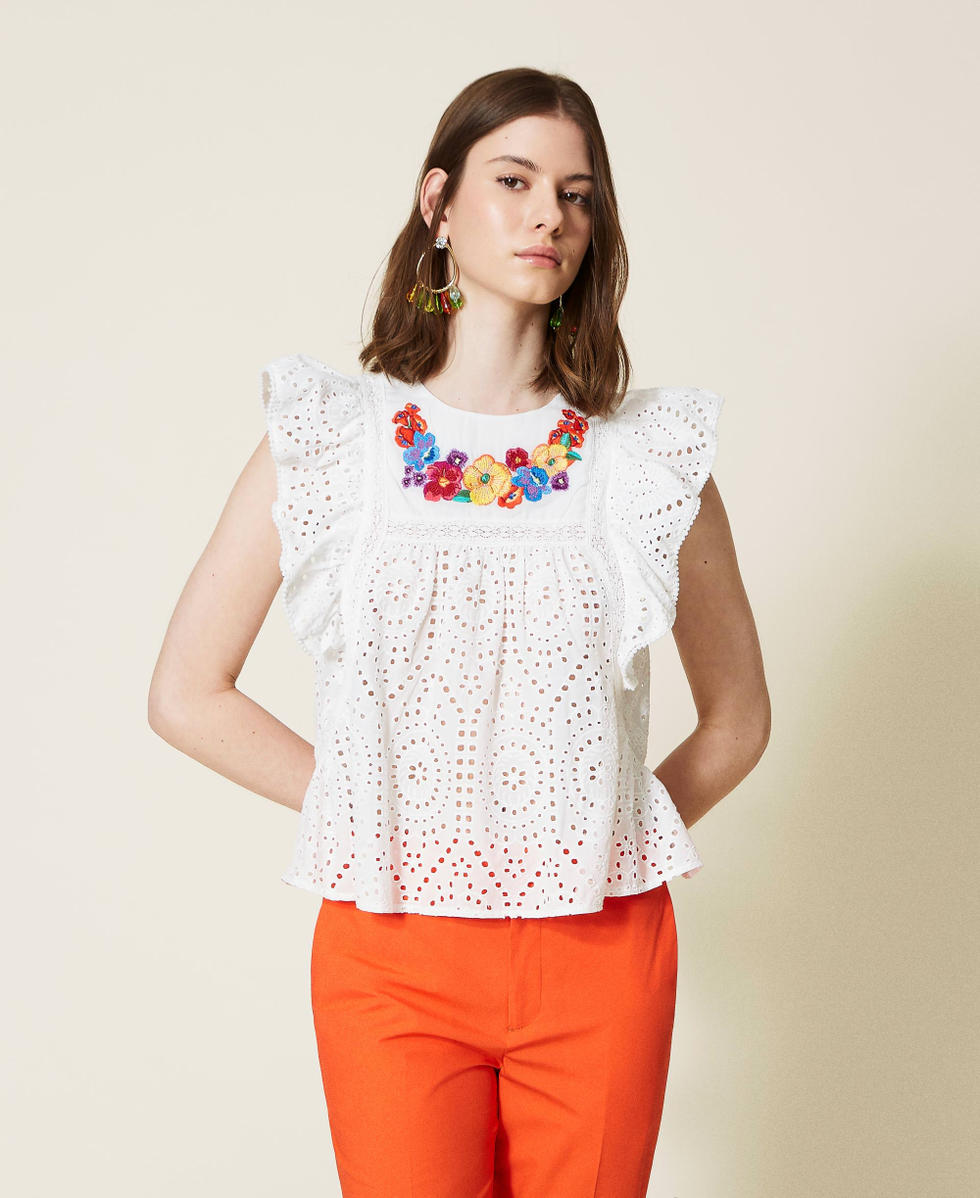 Top with multicolour floral embroidery