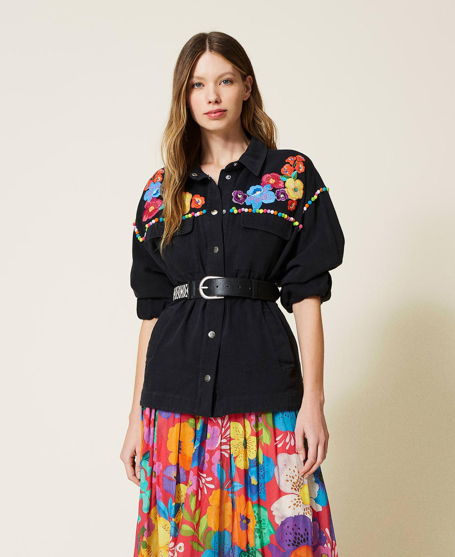 Giacca in bull con fiori multicolor