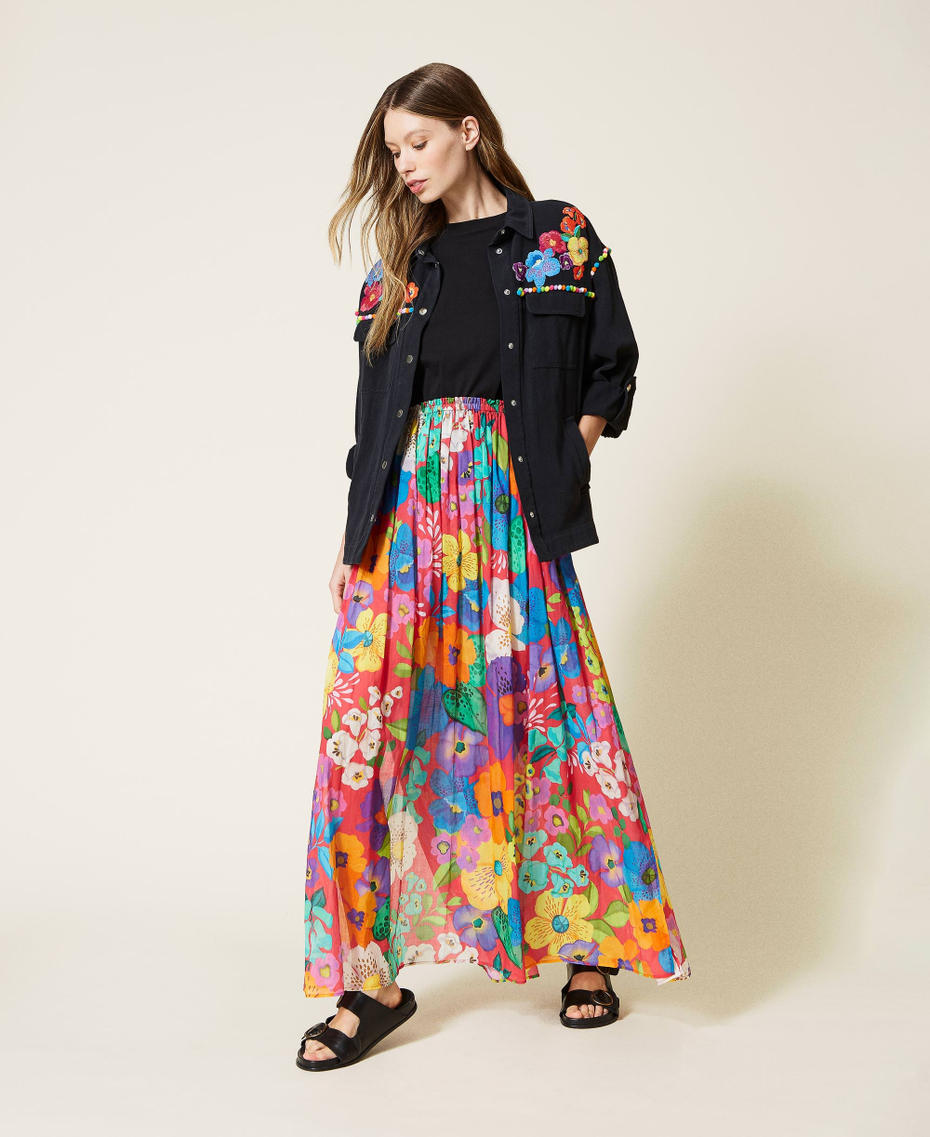 Giacca in bull con fiori multicolor