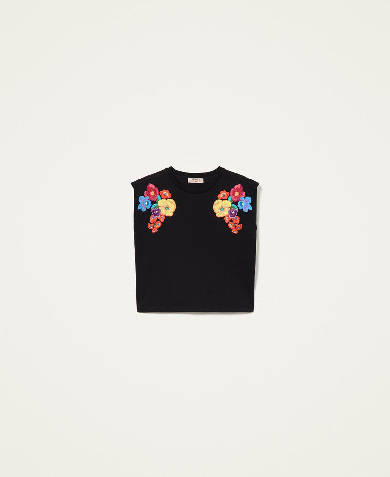 T-shirt con ricamo a fiori multicolor