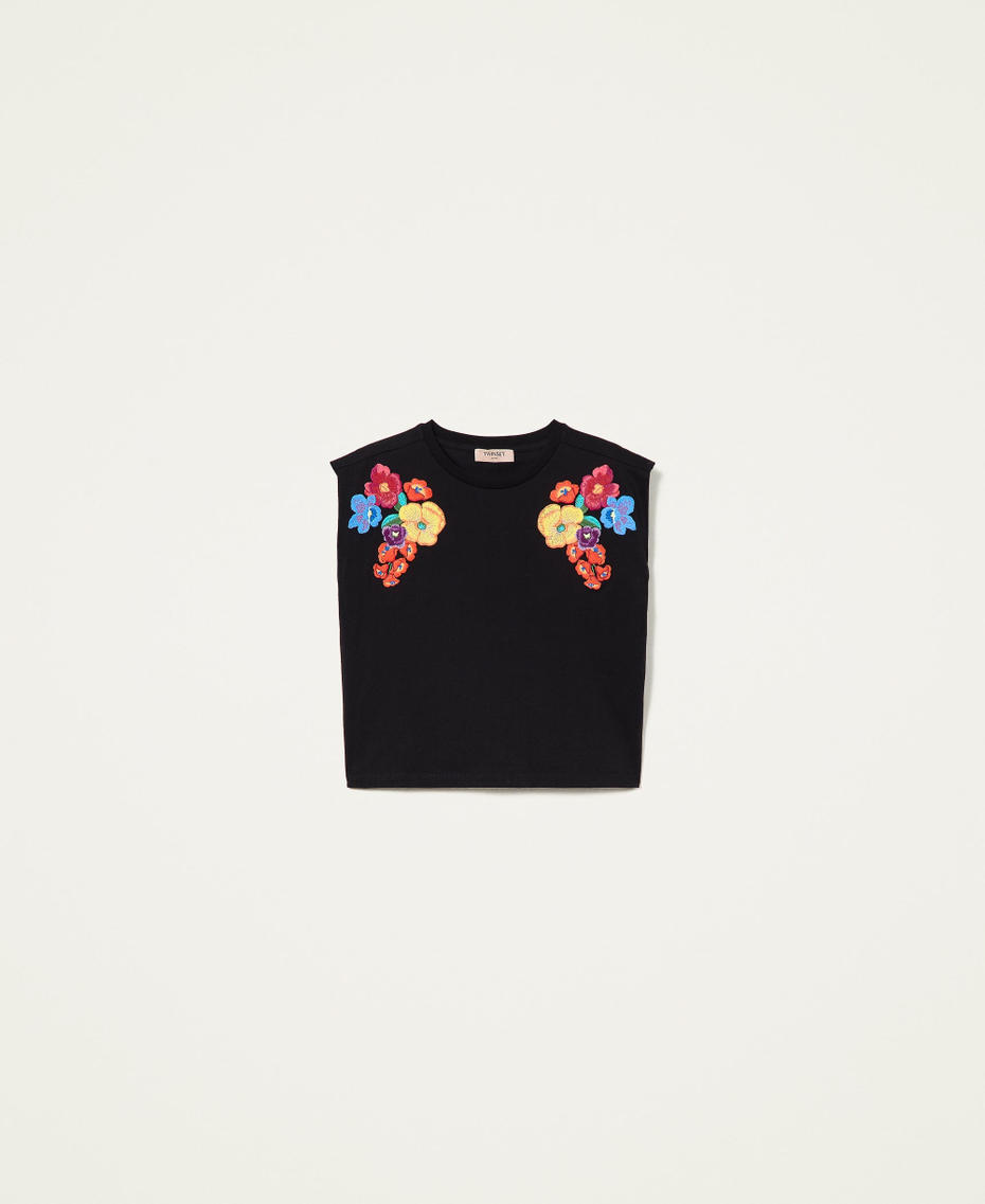 Camiseta con bordado de flores multicolor Negro Mujer 221TT226A-0S