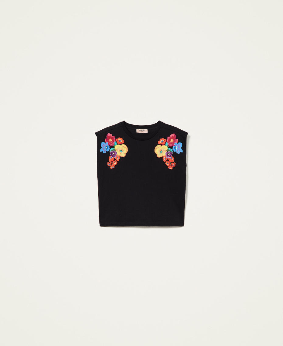 T-shirt con ricamo a fiori multicolor