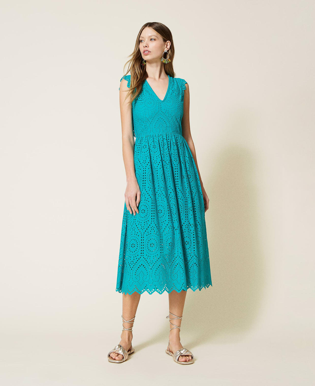 Платье-миди из муслина с вышивкой сангалло Зеленый "Тропический зеленый" женщина 221TT2270-02