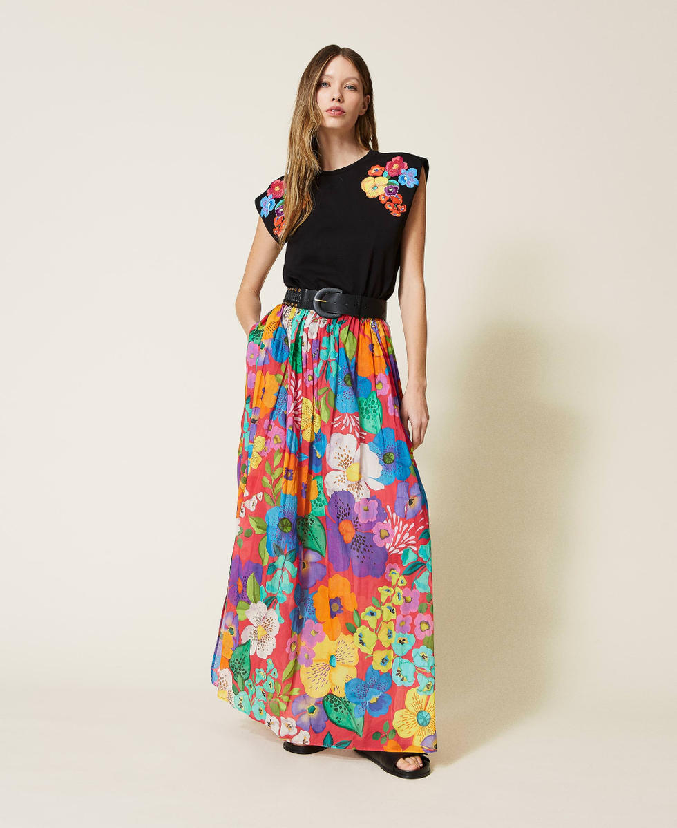 Allegra K Gonna Lunga Trapezio Con Fiori, Vita Elastica E Volant, Taglie XS-XL, Collezione Primavera/Estate