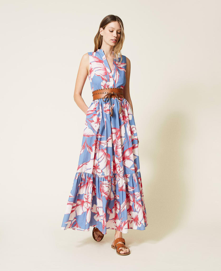 Floral poplin long dress “Infinity” Light Blue /”Snow” White Hibiscus Print Woman 221TT2310-01