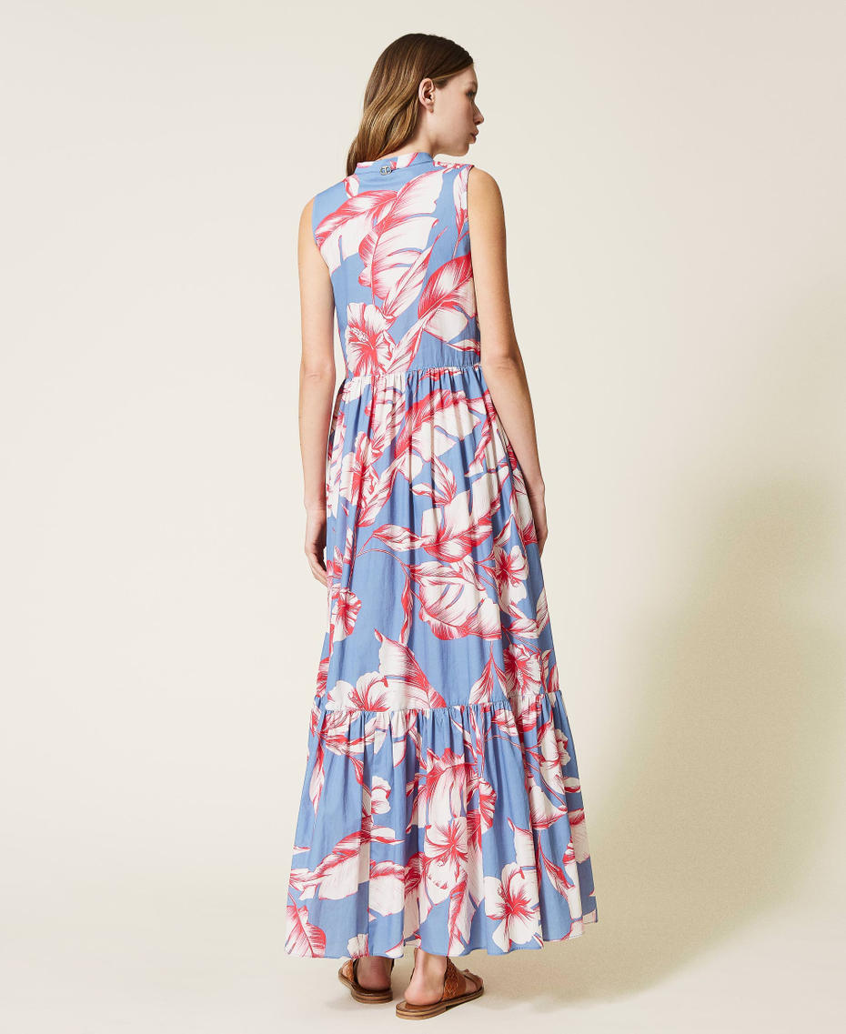 Floral poplin long dress “Infinity” Light Blue /”Snow” White Hibiscus Print Woman 221TT2310-04