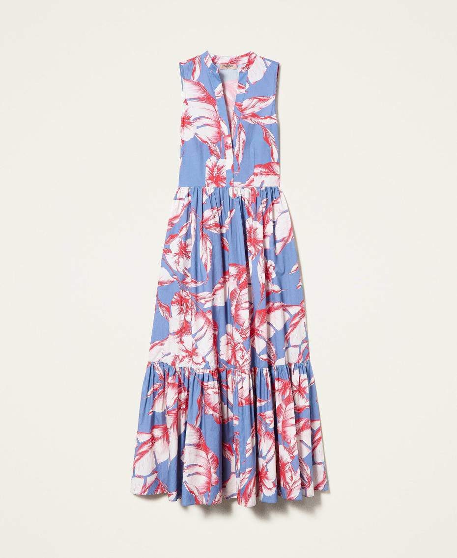 Floral poplin long dress “Infinity” Light Blue /”Snow” White Hibiscus Print Woman 221TT2310-0S