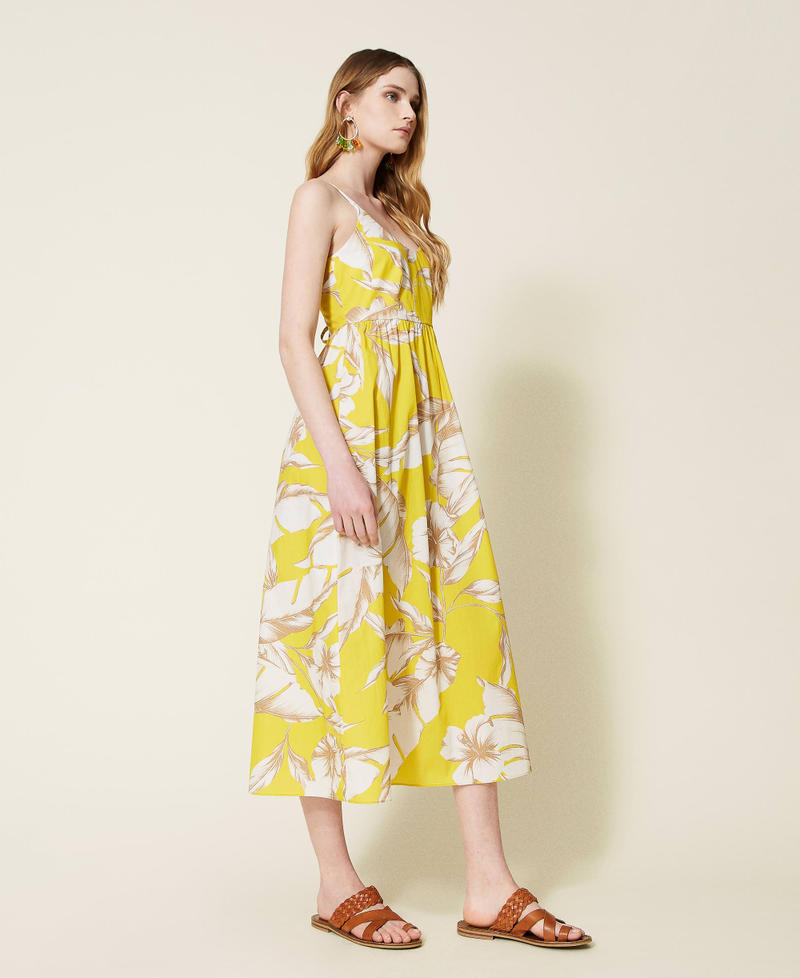 Floral poplin midi dress Yellow / “Snow” White Hibiscus Print Woman 221TT2311-02