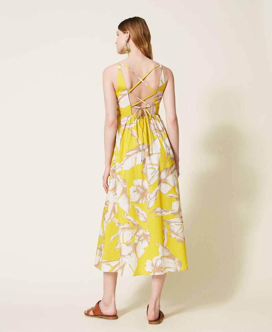 Floral poplin midi dress Yellow / “Snow” White Hibiscus Print Woman 221TT2311-04