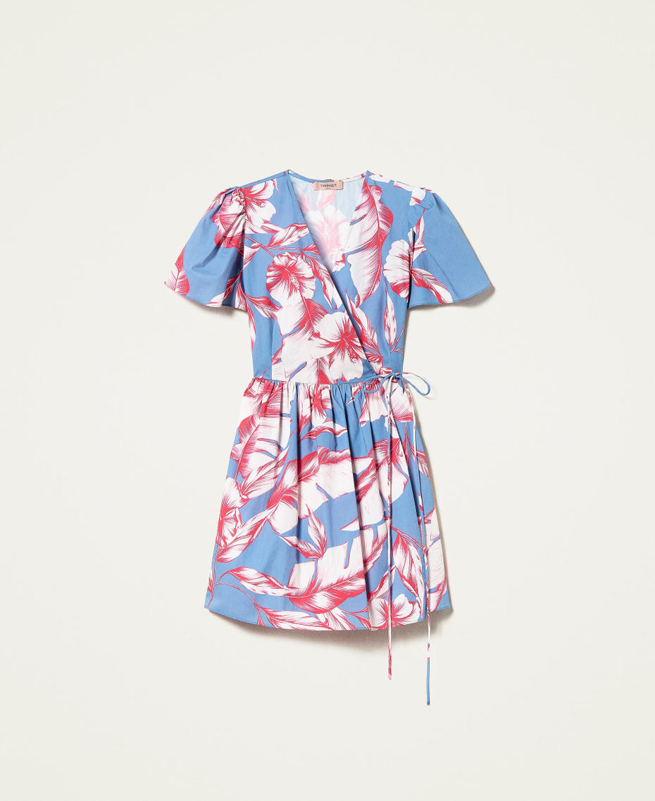 Floral poplin wrap-around dress “Infinity” Light Blue /”Snow” White Hibiscus Print Woman 221TT2314-0S