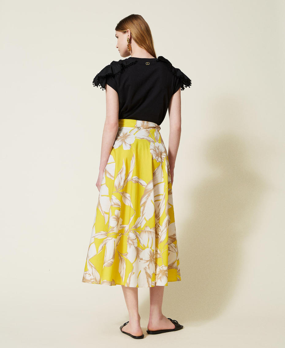 Floral poplin wrap-around skirt Yellow / “Snow” White Hibiscus Print Woman 221TT2316-03