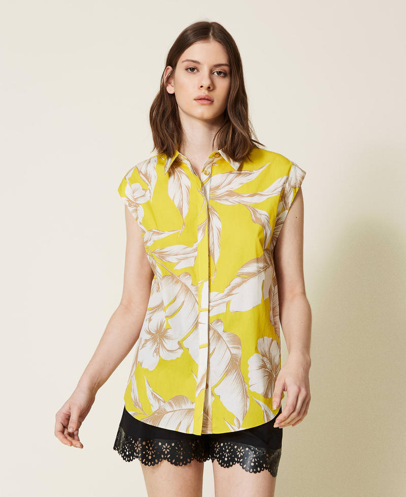 Poplin floral shirt Yellow / “Snow” White Hibiscus Print Woman 221TT2318-05