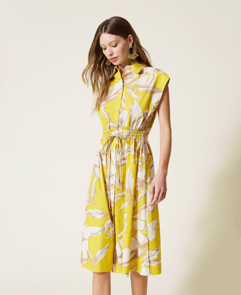 Midi floral shirt dress Yellow / “Snow” White Hibiscus Print Woman 221TT2319-01