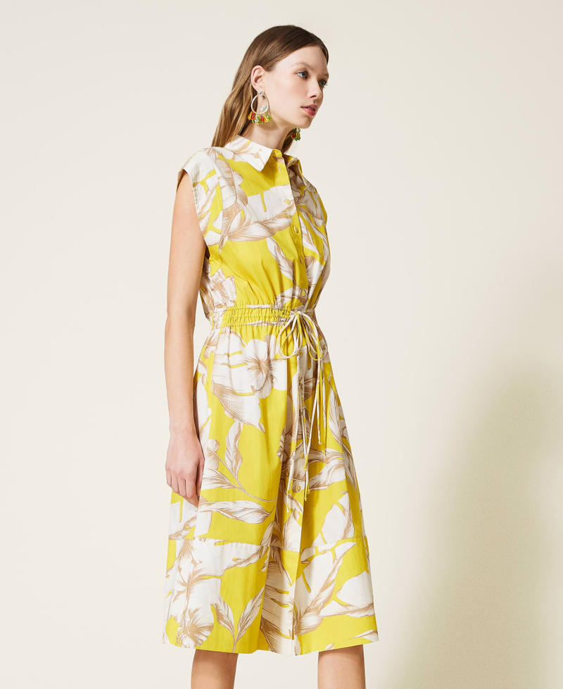 Midi floral shirt dress Yellow / “Snow” White Hibiscus Print Woman 221TT2319-02