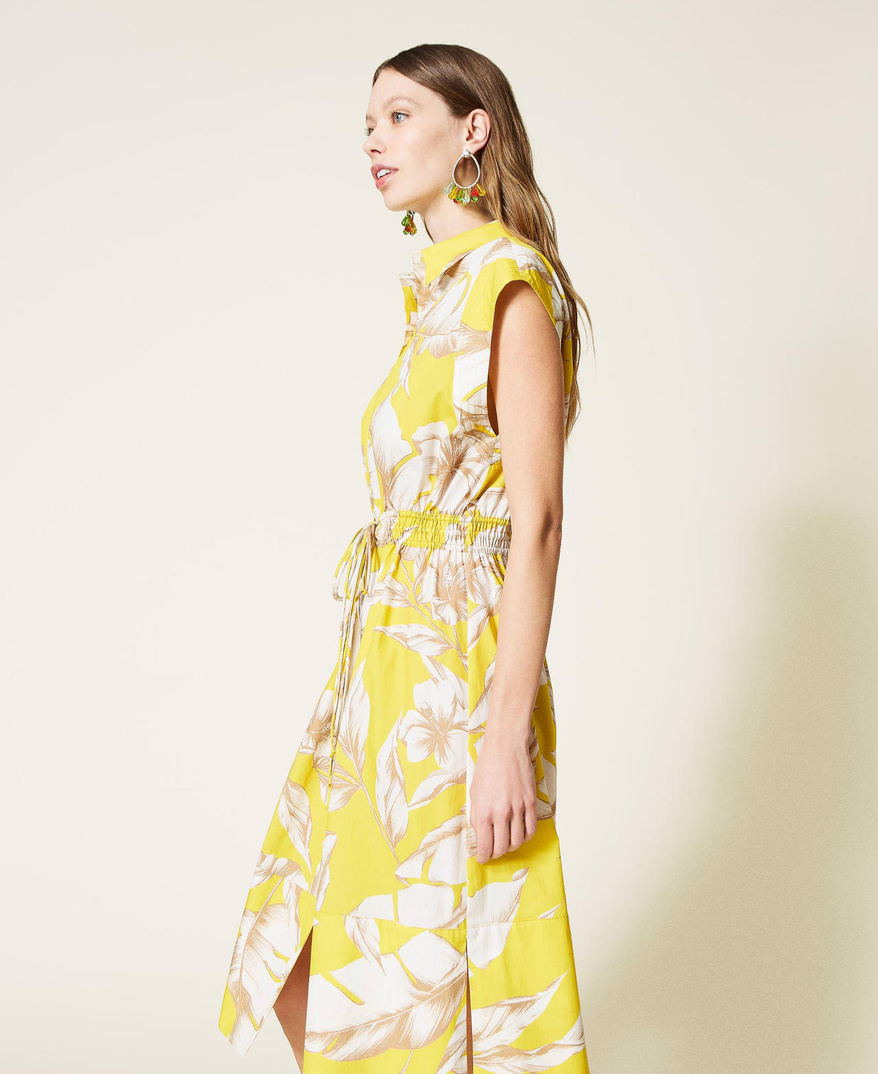 Midi floral shirt dress Yellow / “Snow” White Hibiscus Print Woman 221TT2319-03