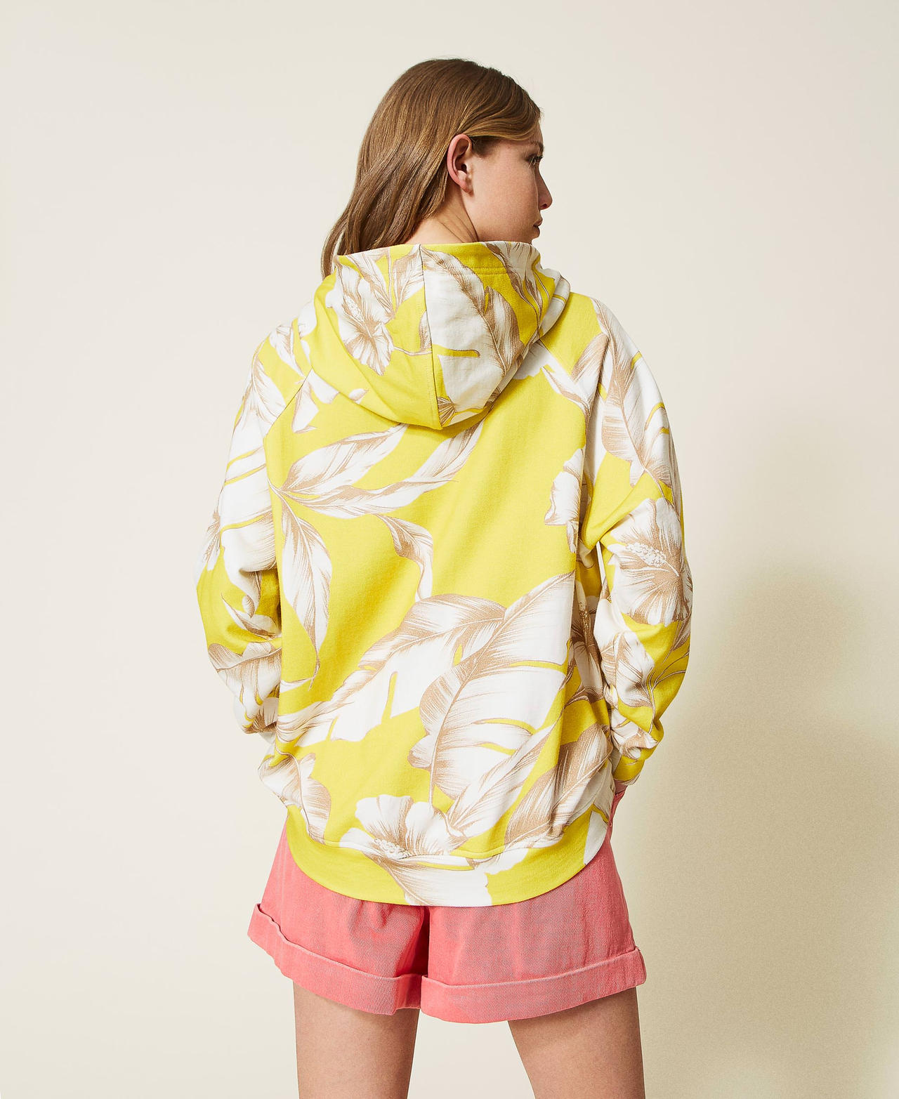 Floral hoodie Yellow / “Snow” White Hibiscus Print Woman 221TT2320-03
