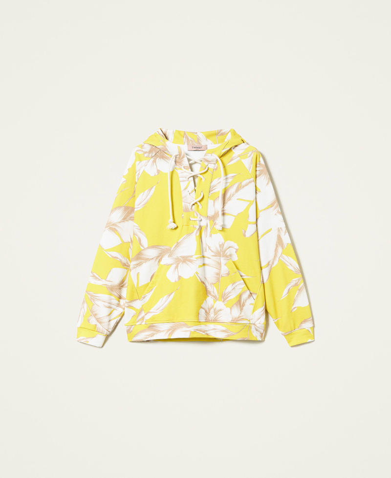 Kapuzensweatshirt mit Blumendessin Hibiskusprint Gelb / Schneeweiß Frau 221TT2320-0S