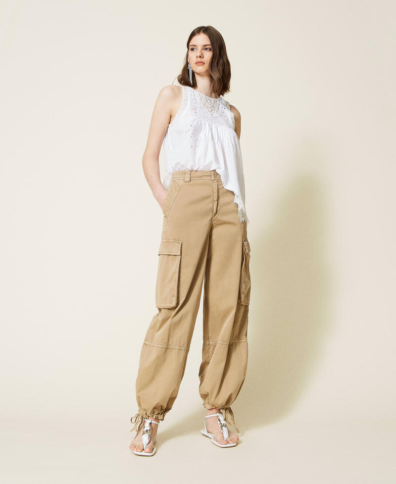 Wide leg drill cargo trousers