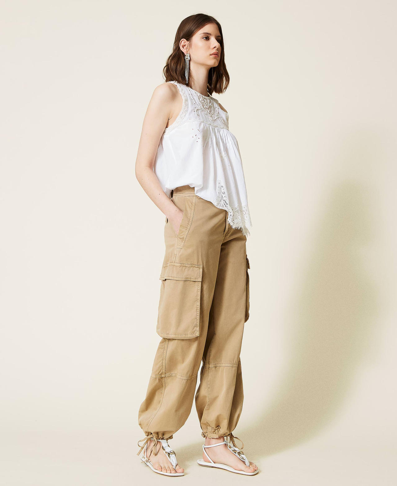 Wide leg drill cargo trousers