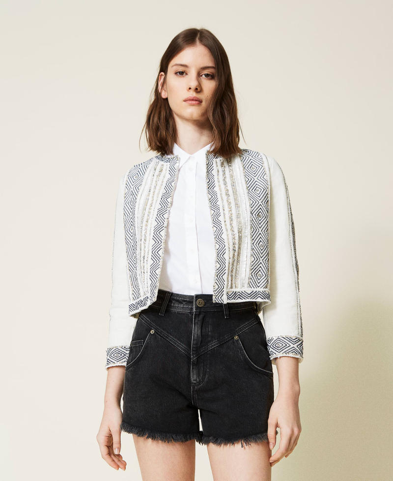 Five-pocket black denim shorts