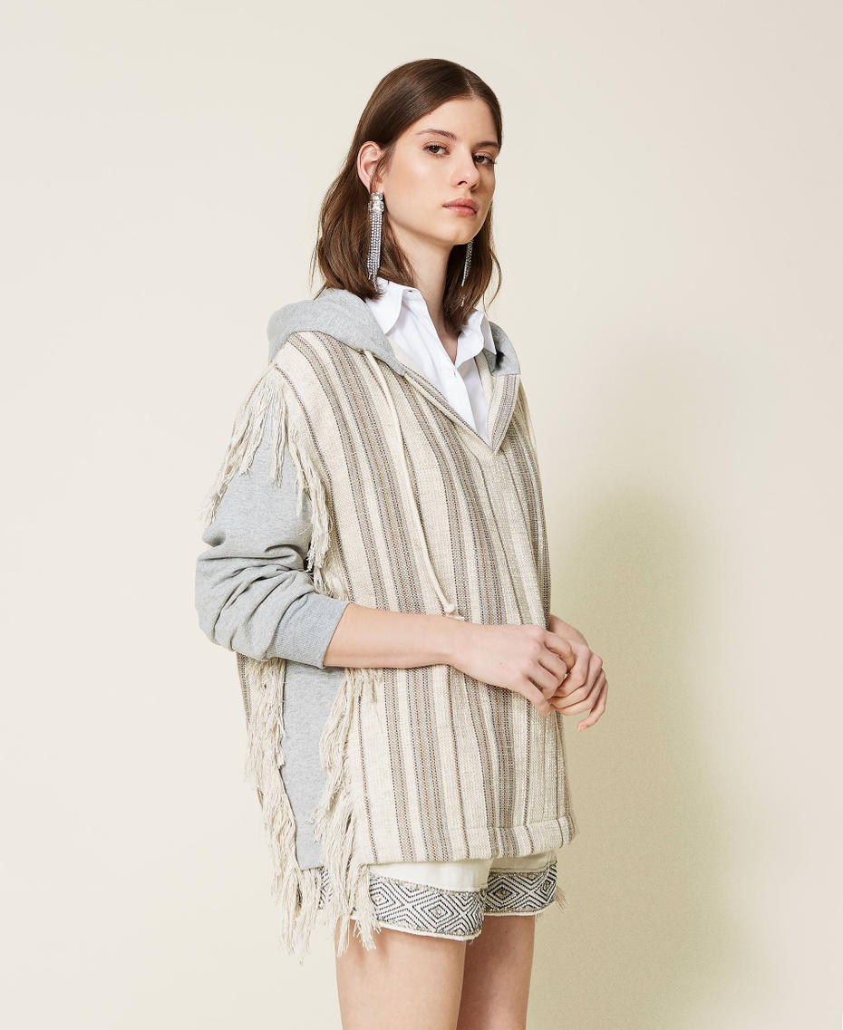 Striped woven hoodie with fringes Two-tone Sand Mat/ Sweatshirt Grey Woman 221TT242A-01