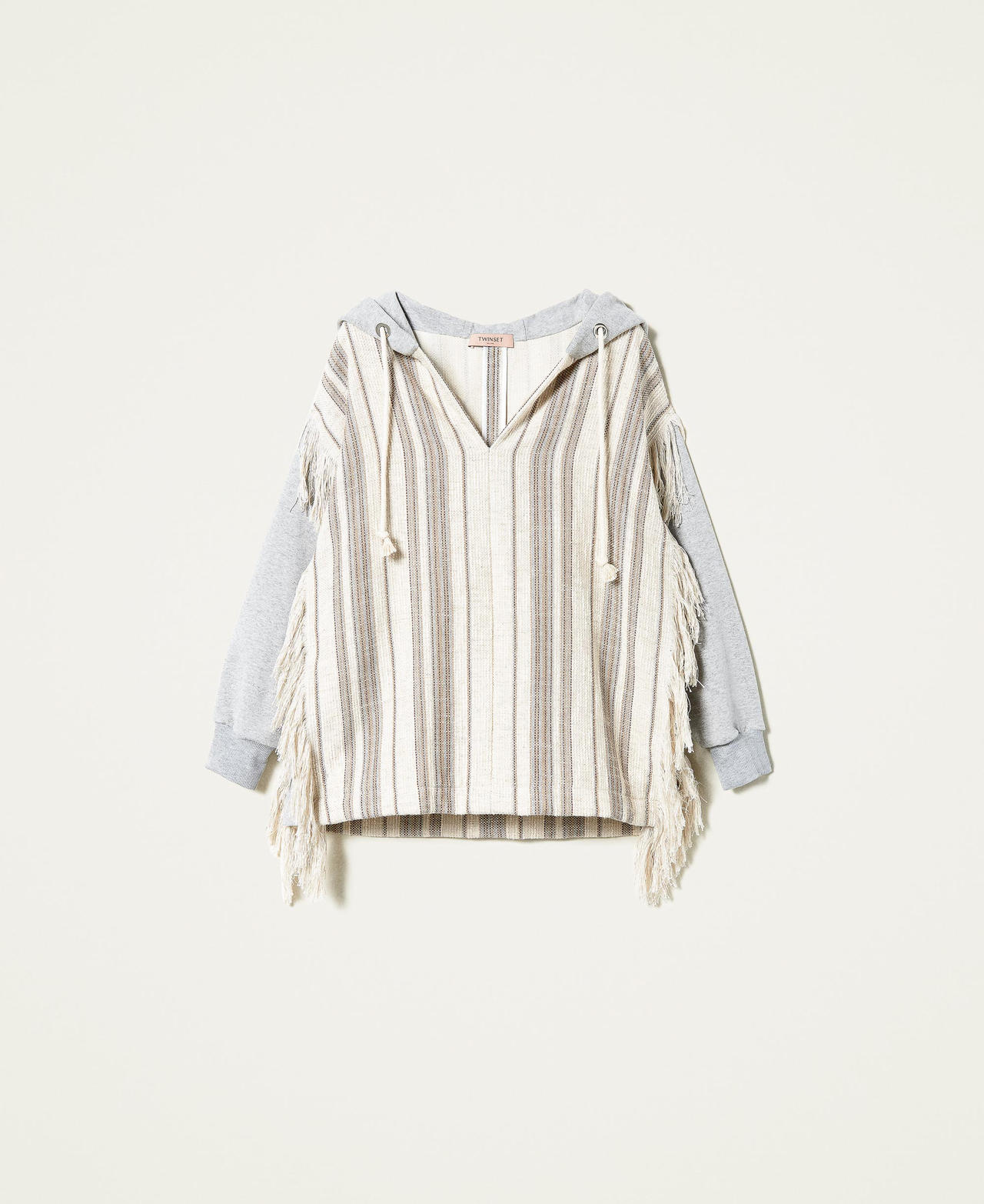 Striped woven hoodie with fringes Two-tone Sand Mat/ Sweatshirt Grey Woman 221TT242A-0S