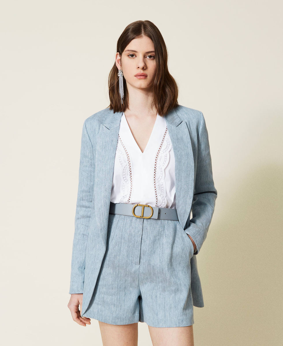 High waist linen blend shorts Woman Light blue TWINSET Milano