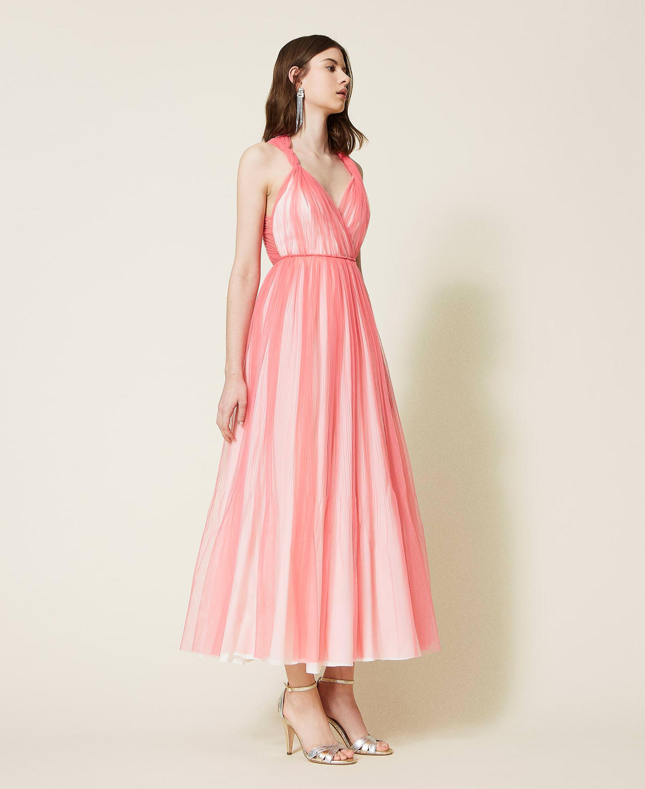 Long pleated tulle wrap-around dress