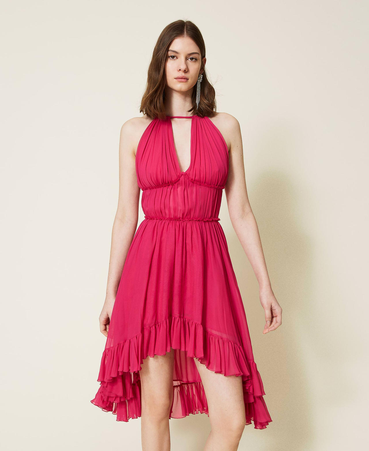 Long pleated georgette dress Shocking Pink Woman 221TT2475-02