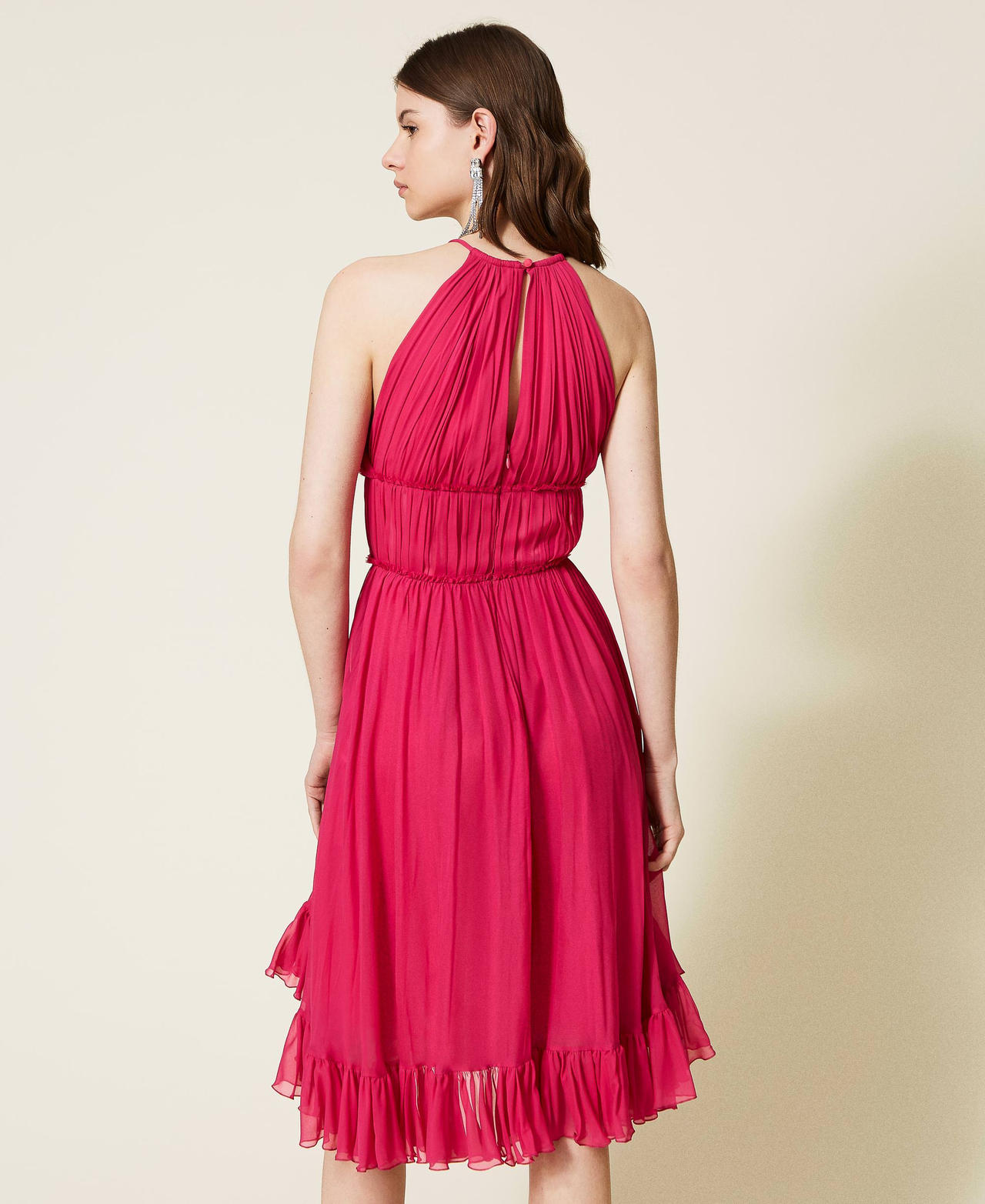 Long pleated georgette dress Shocking Pink Woman 221TT2475-03